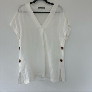 White V-Neck Button Detail Top